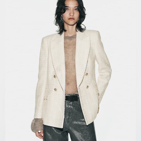 Zara   Double Breasted Textured Weave Blazer Jacket    Size XL - Picture 6 of 11